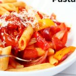 This spicy tomato pasta recipe is the perfect standby meal.  It's quick and easy to prepare and makes  a great midweek meal with tasty leftovers too if you make enough! Without the cheese it can be vegan too and it's an ideal basic recipe to adapt in all kinds of ways. #pasta #spicy #tomatoes #arrabiata #vegetarian #easy #recipes #midweekmeals