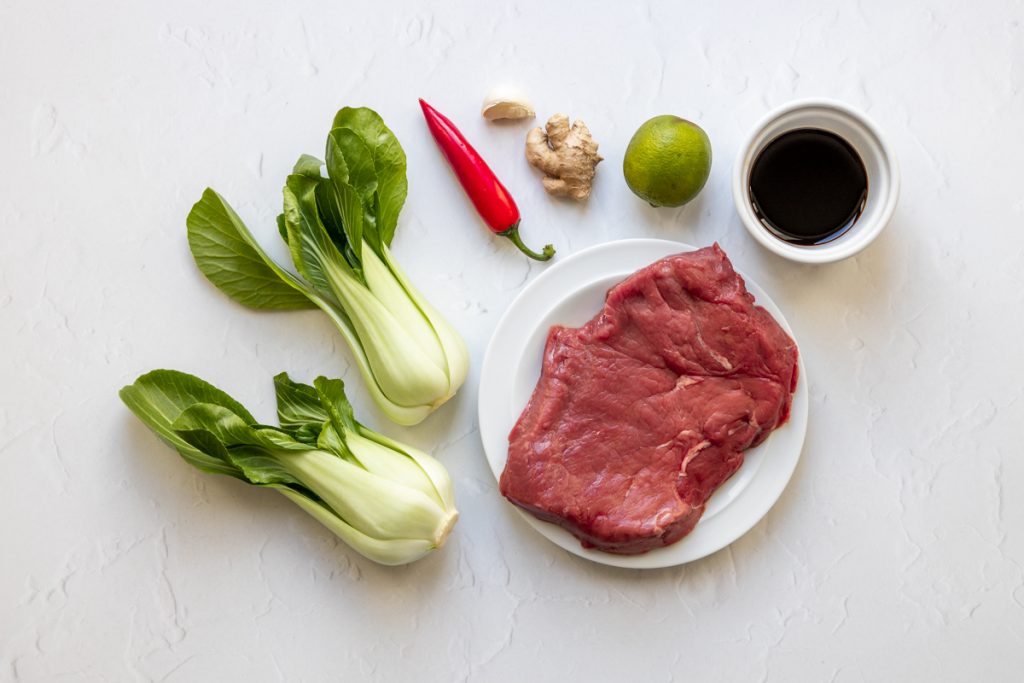 Ingredients for Asian beef with pak choi