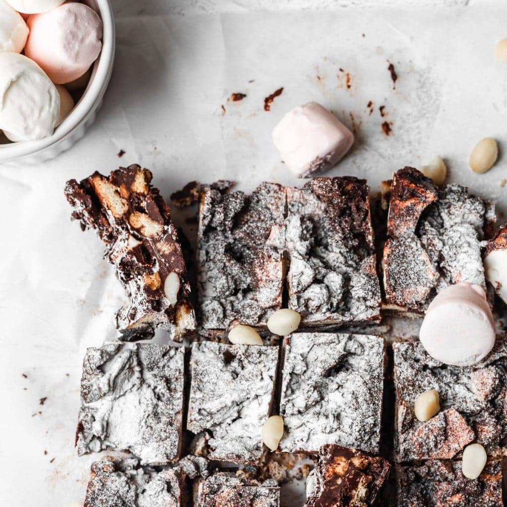 Rocky road squares on baking paper