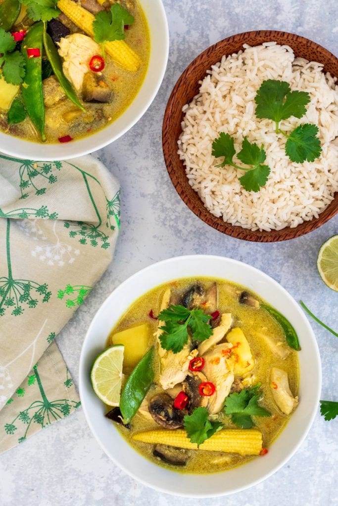 flatlay of Thai yellow chicken curry with rice