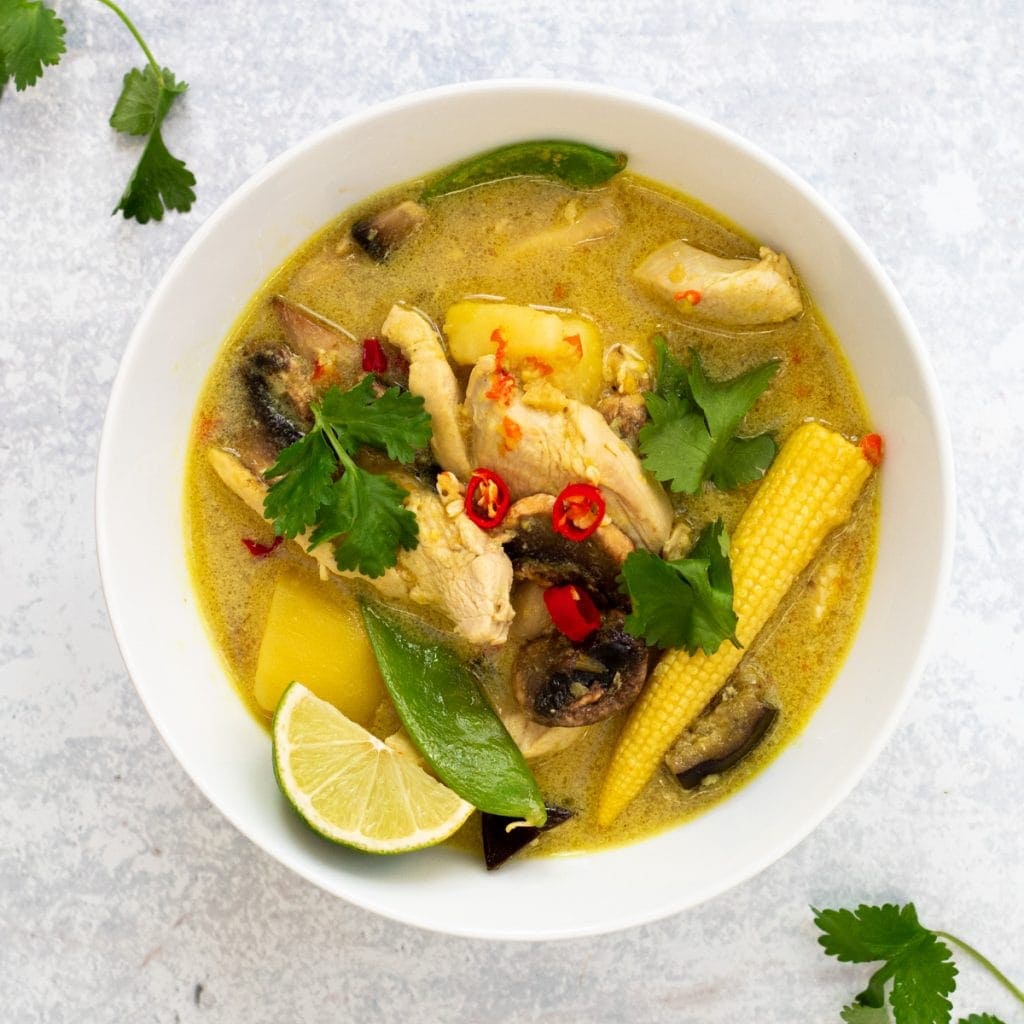 Thai yellow chicken potato curry in a bowl