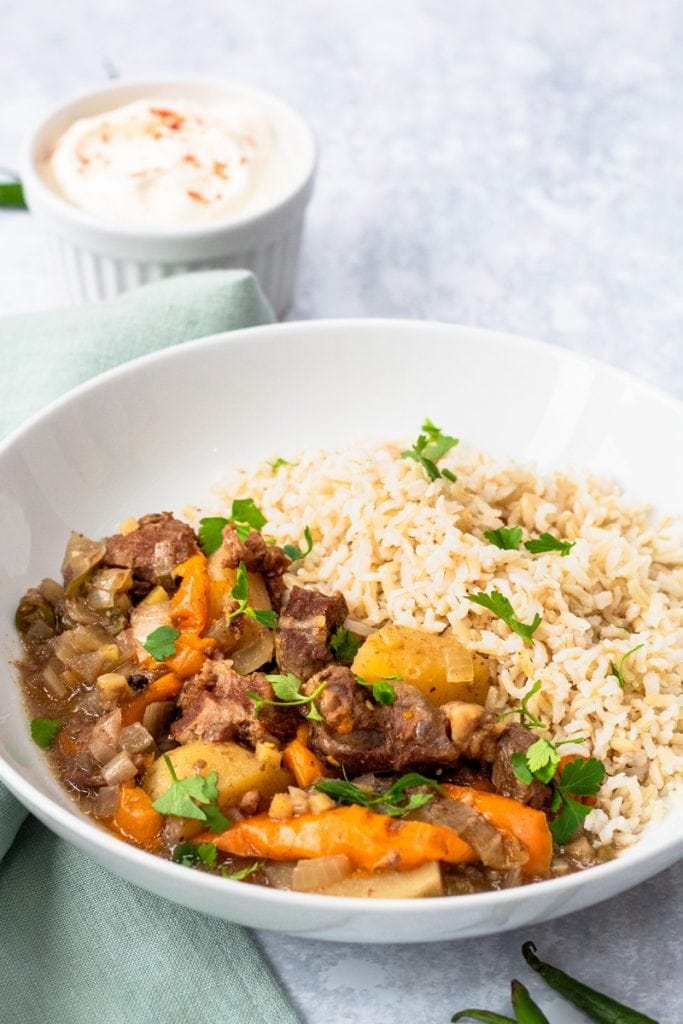 Close up of Bangladeshi beef stew with rice