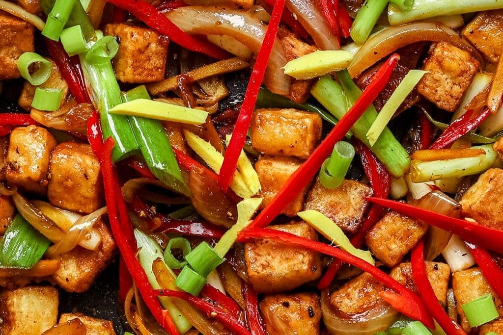 close up of chilli and black pepper tofu