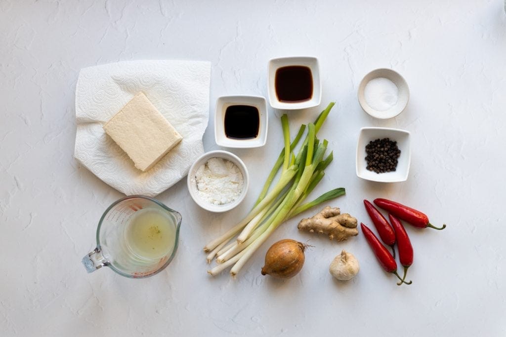 Ingredients for chilli and black pepper tofu