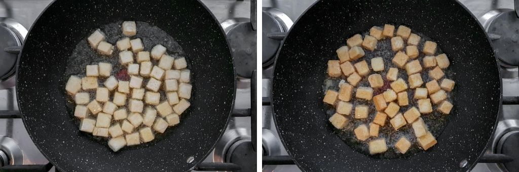 Frying the tofu coated in cornflour on each side