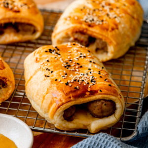 double sausage rolls on cooling rack