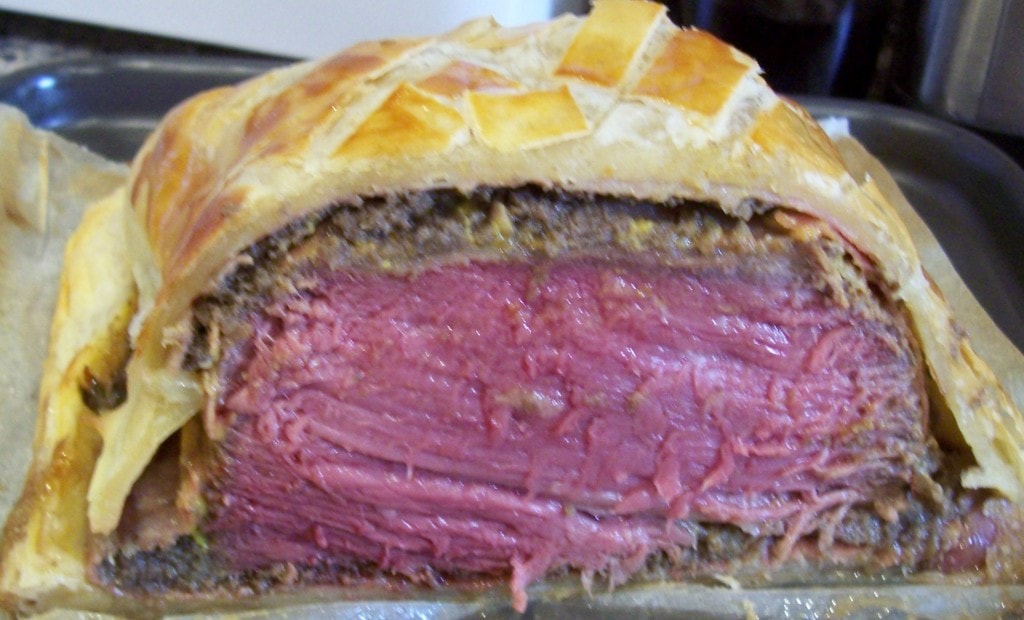 Traditional beef wellington cut in half