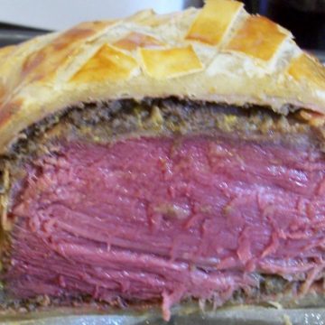 Traditional beef wellington cut in half