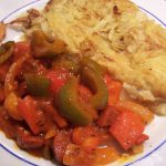 Potato rosti and red and green pepper ragout with chorizo
