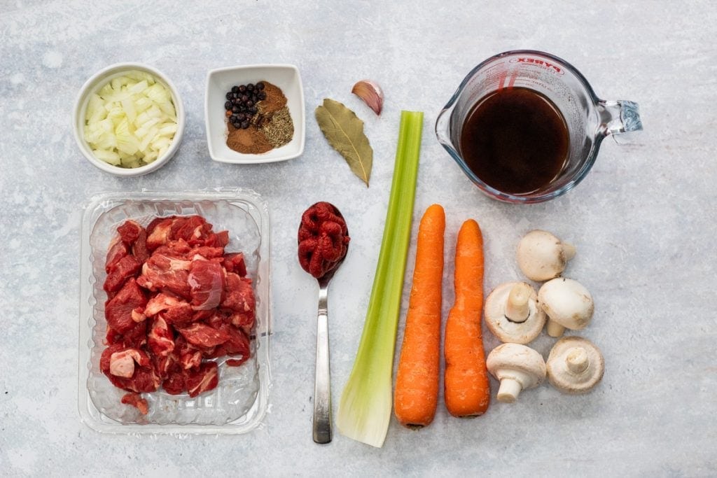 Ingredients for juniper beef stew