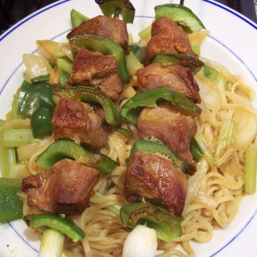 Asian duck kebabs on noodles