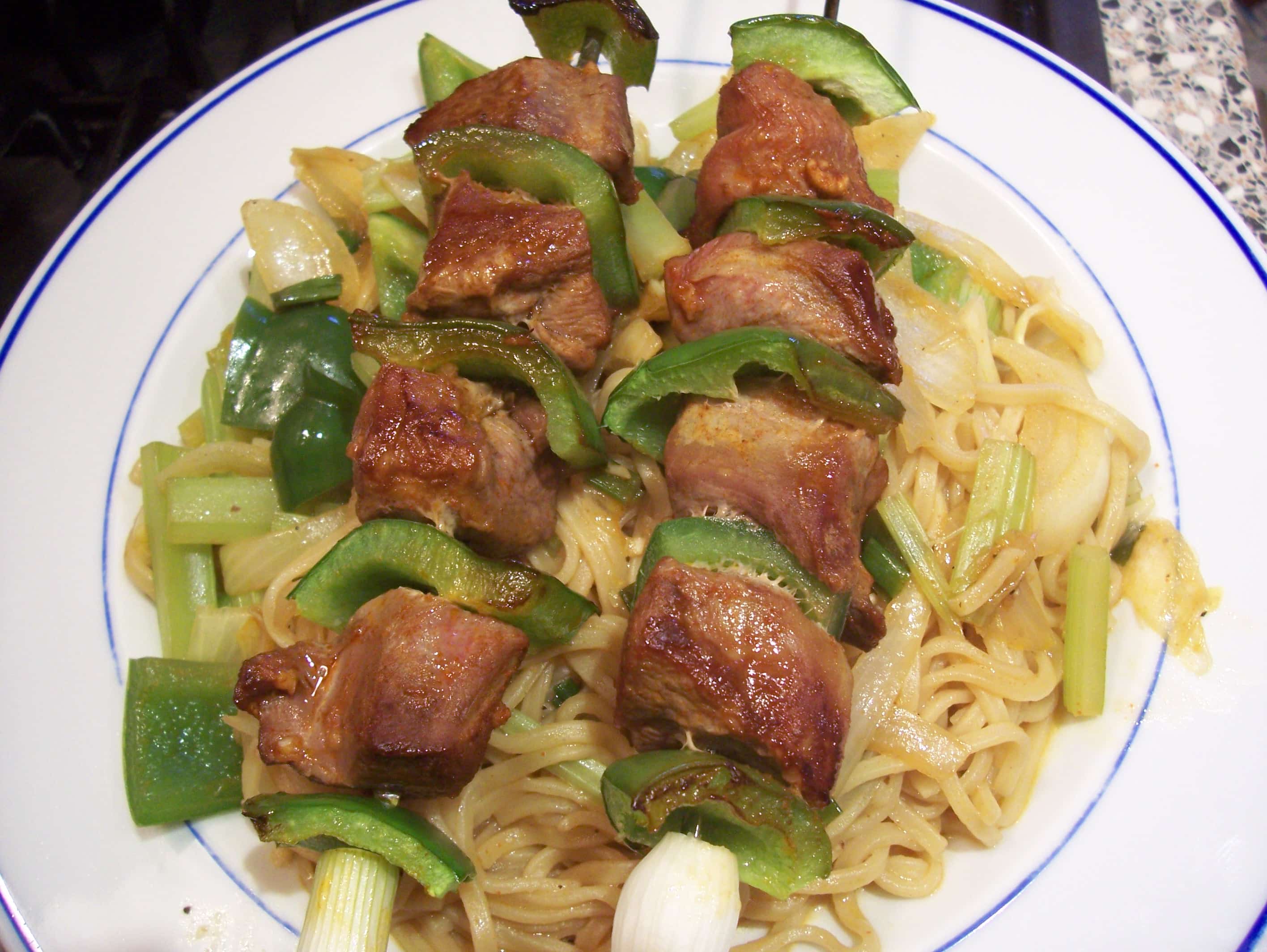 Asian duck kebabs with noodles