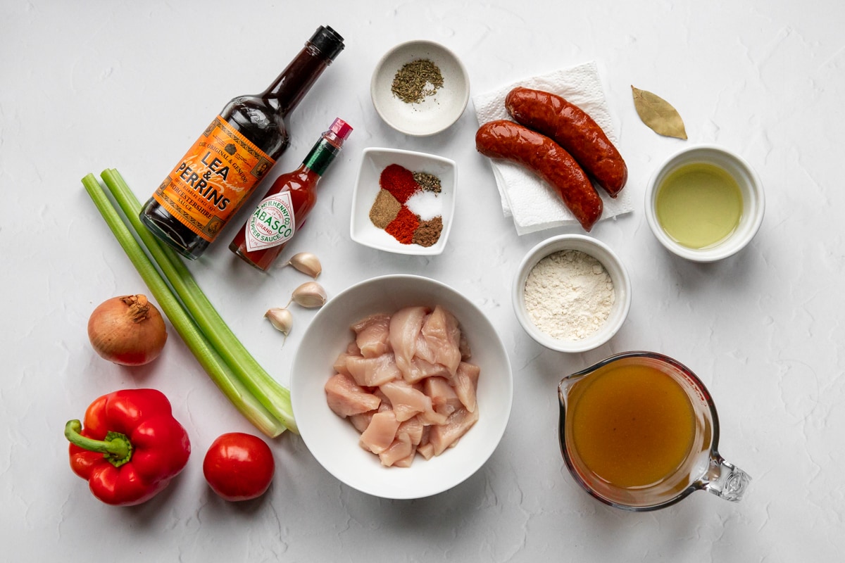 Ingredients for chicken and sausage gumbo