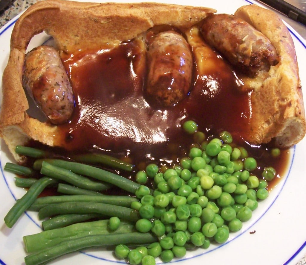 Toad in the hole with peas and beans