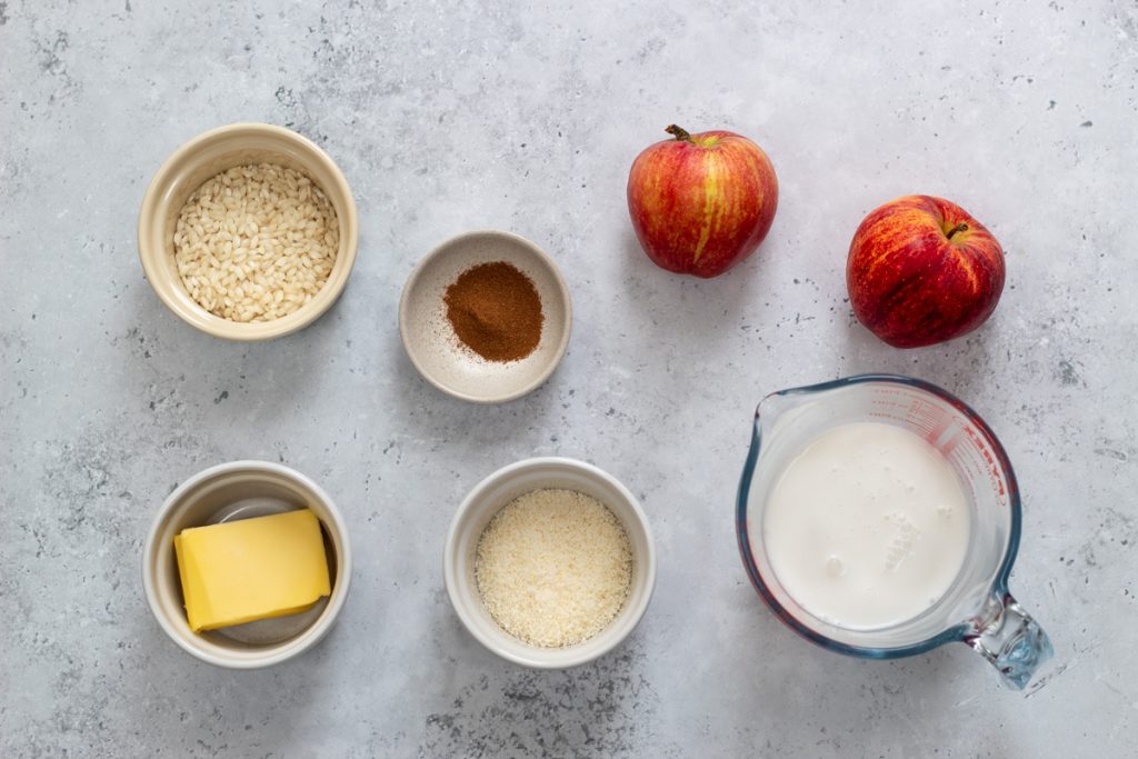 Ingredients for coconut apple rice pudding