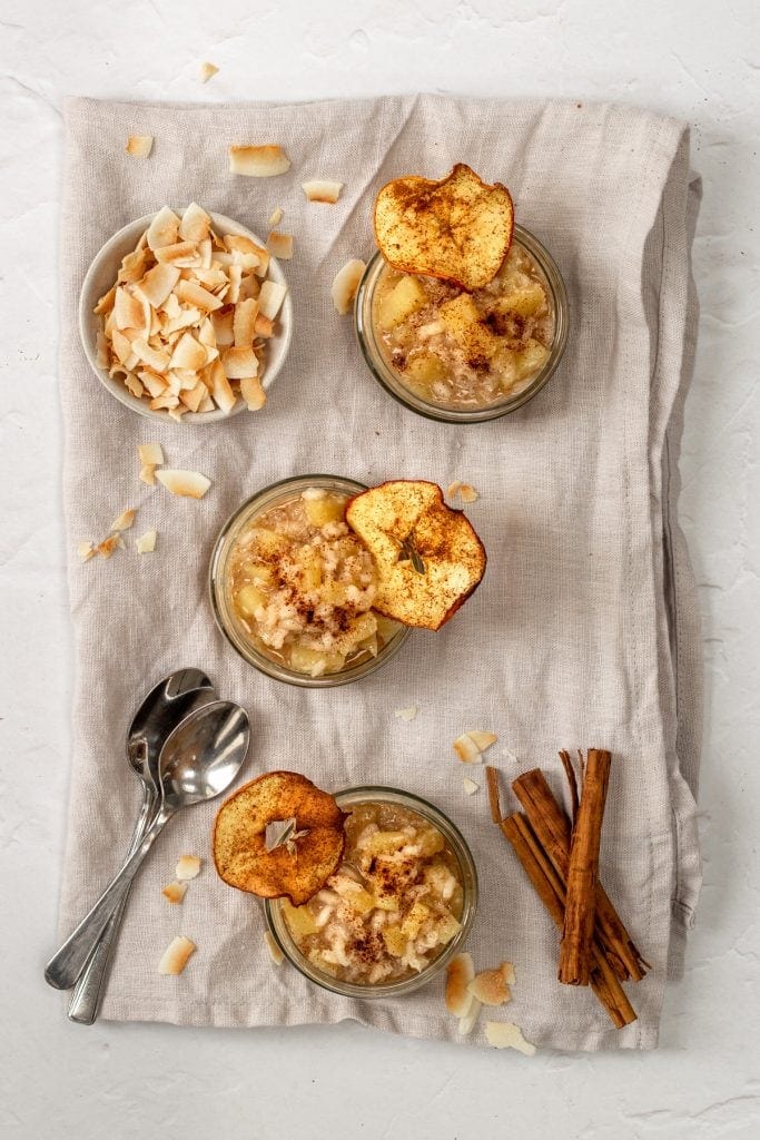 Flatlay of coconut apple rice pudding