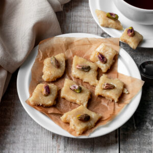 Plate of kaju katli (indian cashew nut fudge)