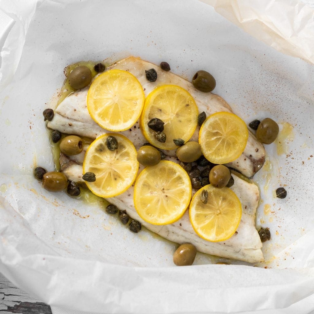 Sea bass with lemon capers and olives