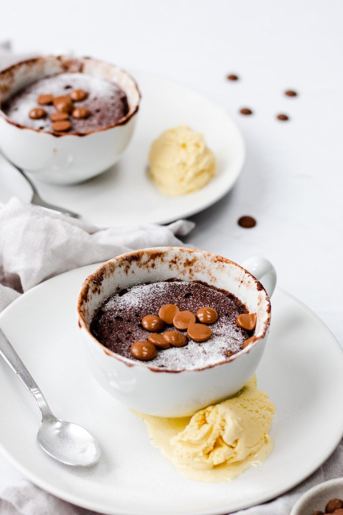 two chocolate microwave mug cakes