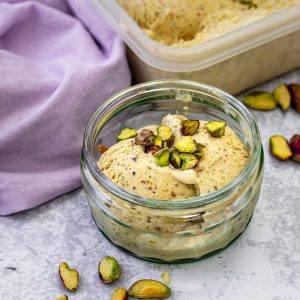 bowl of pistachio and cardamom ice cream