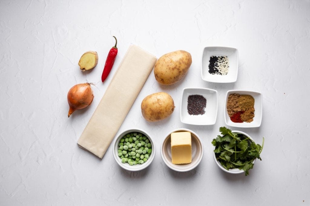 Ingredients for potato and pea filo samosas