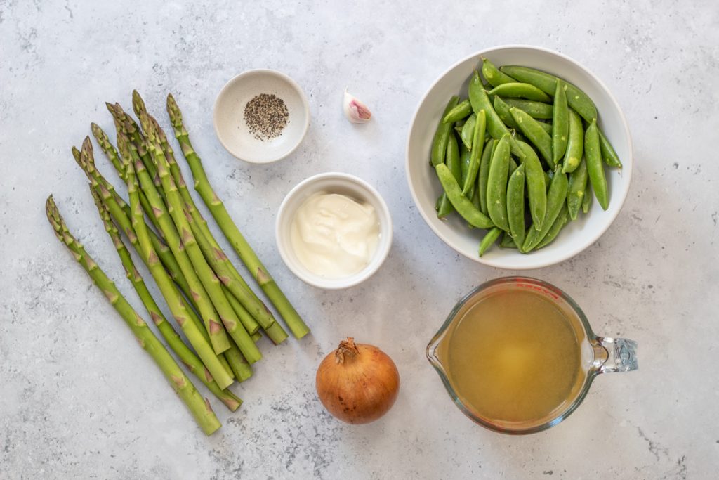 Ingredients for sugar snap pea and asparagus soup