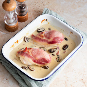Chicken in a creamy bacon and mushroom sauce