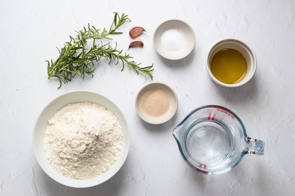 Ingredients for breadmaker focaccia with garlic and rosemary