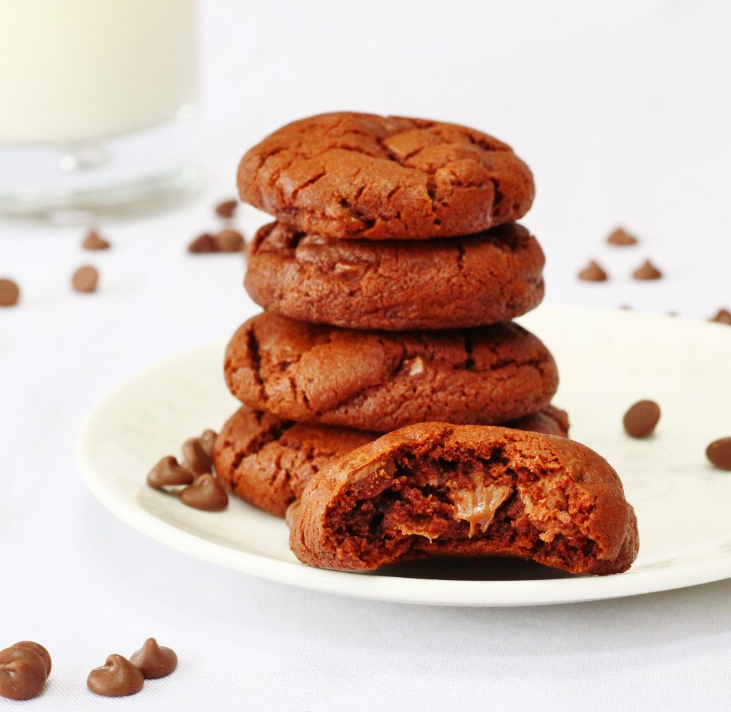 stack of double chocolate chip cookies