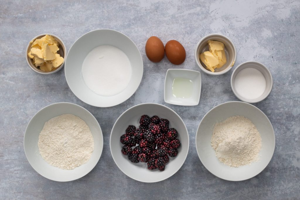 Ingredients for blackberry crumble cake