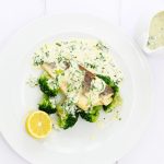 Lemon and parsley sauce with white fish and broccoli
