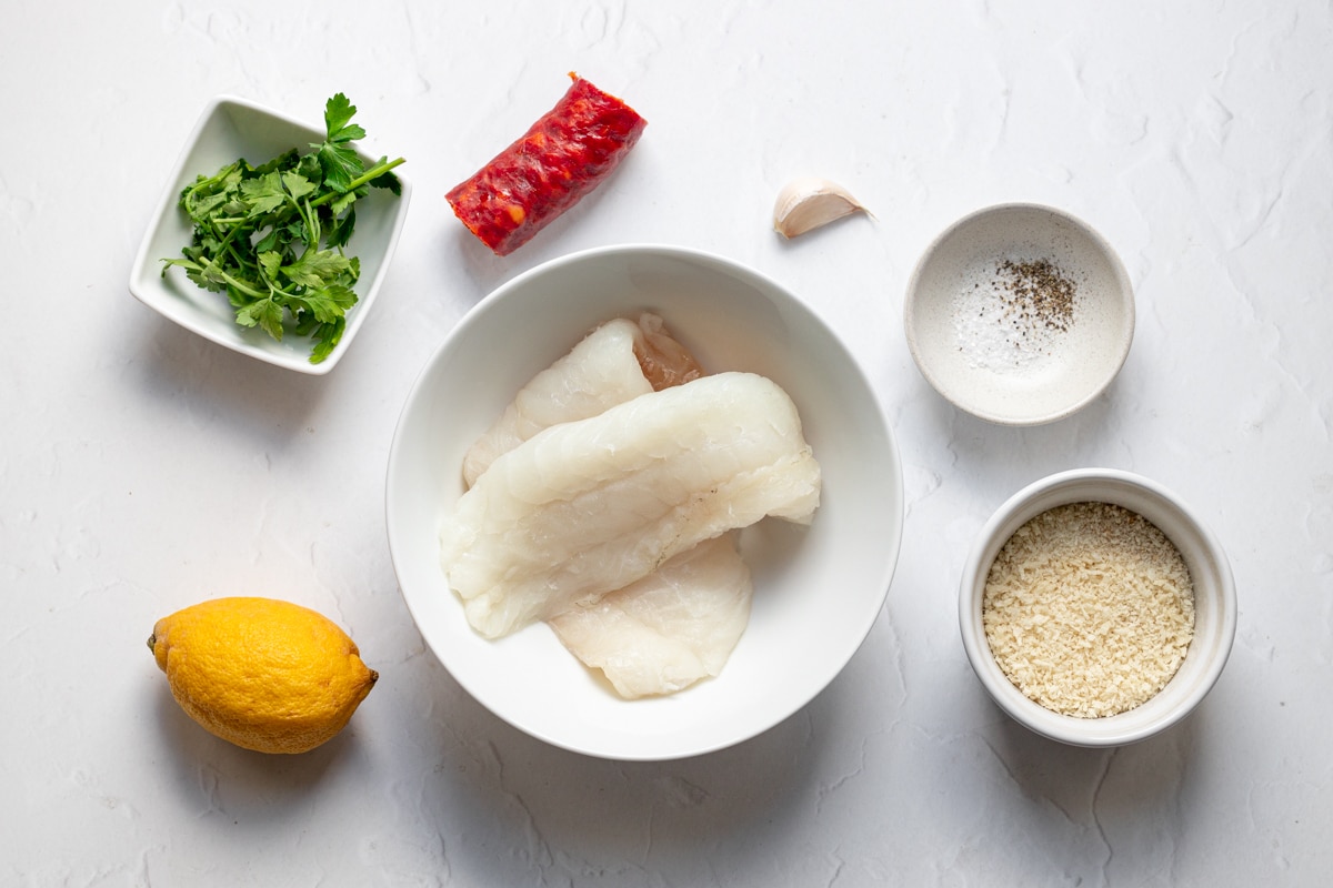 Ingredients for cod with chorizo breadcrumbs
