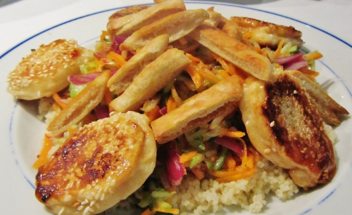 Grated vegetable salad with sesame feta fritters