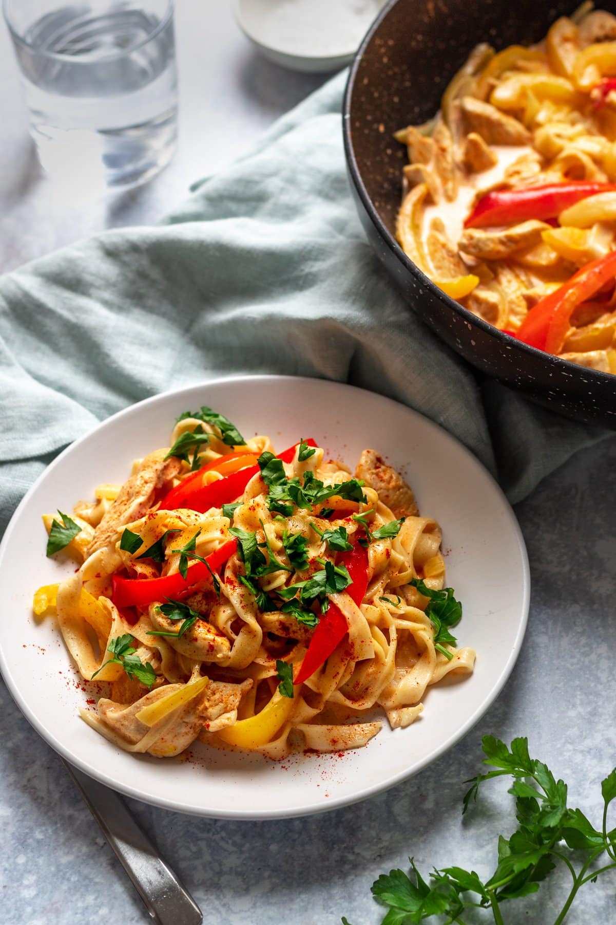 pan and plate of homemade chicken paprikash