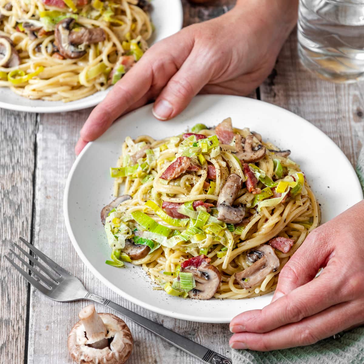 plate of creamy leek mushroom pasta