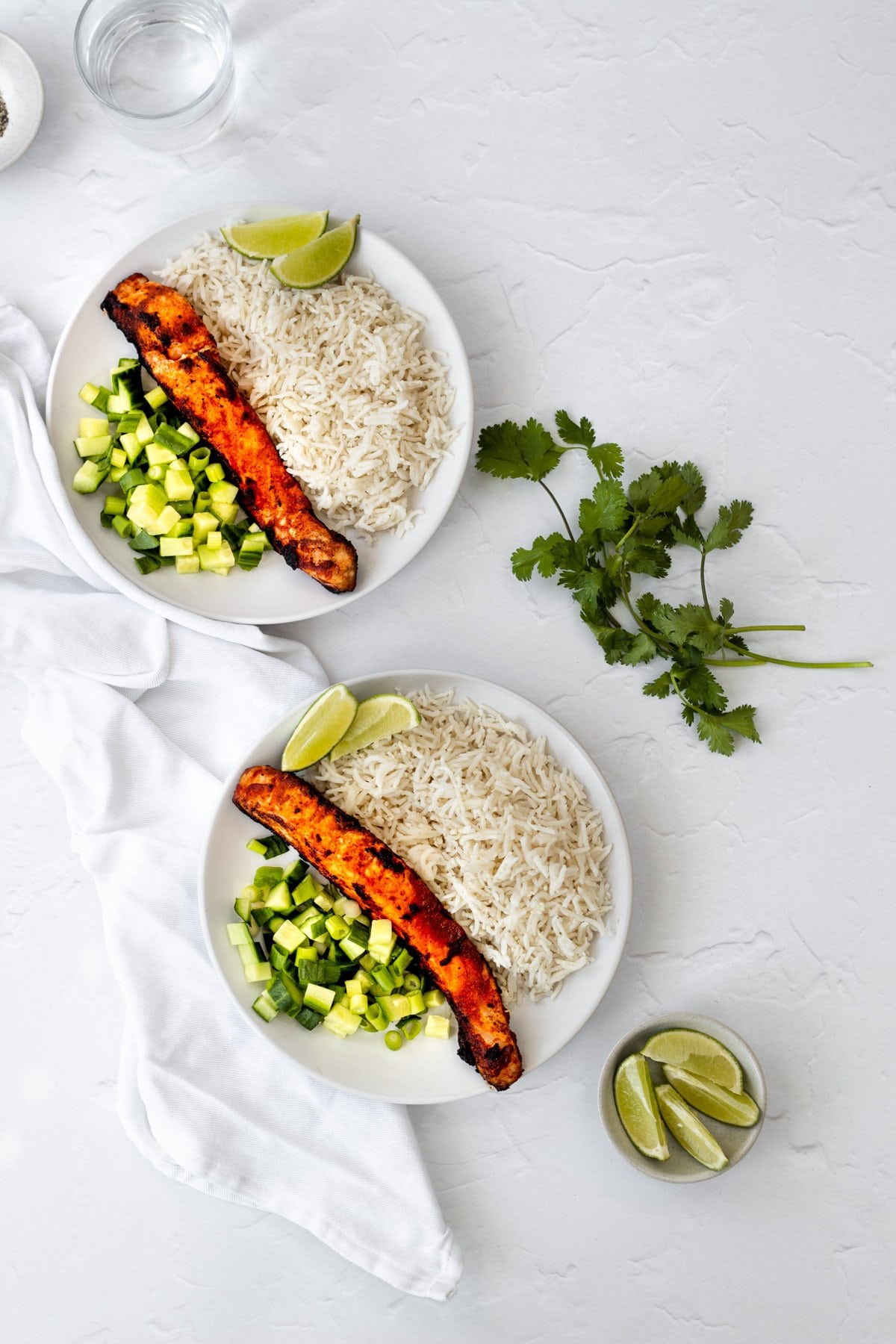 flatlay of ketchup marinated salmon with rice