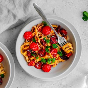 Chorizo garlic sun dried tomato pasta in a bowl