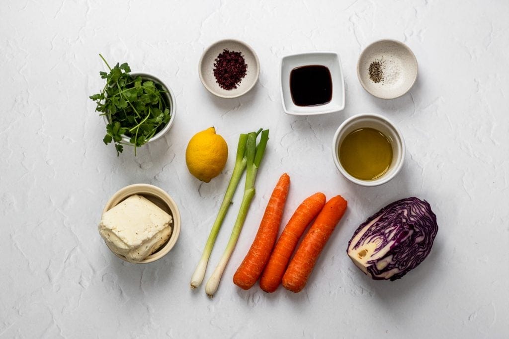 Ingredients for pomegranate molasses halloumi salad