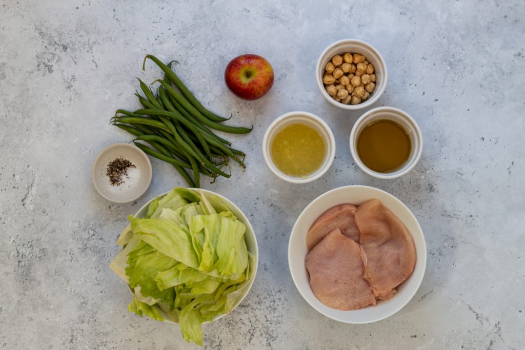 Ingredients for green bean chicken hazelnut salad