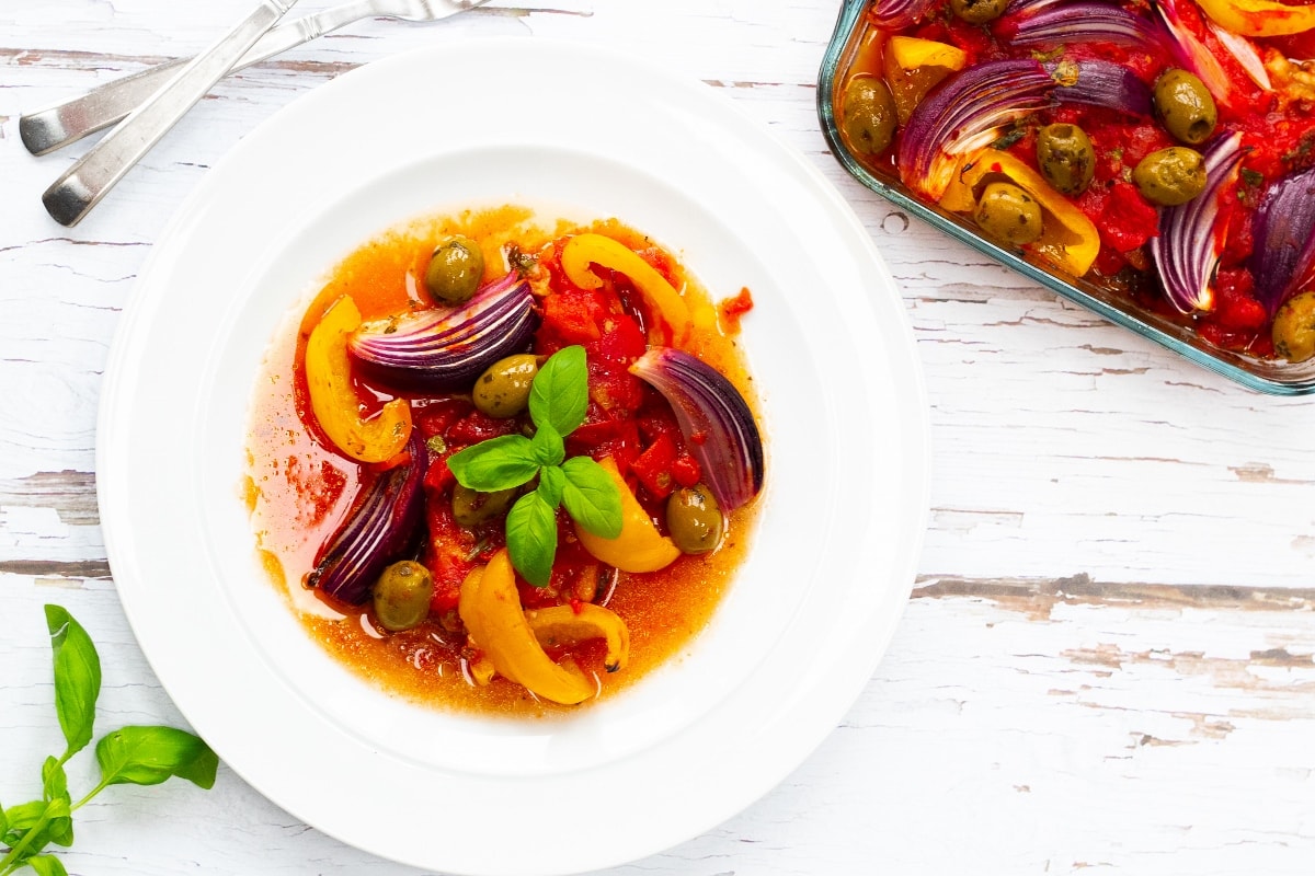 Oven baked turkey casserole with Mediterranean vegetables