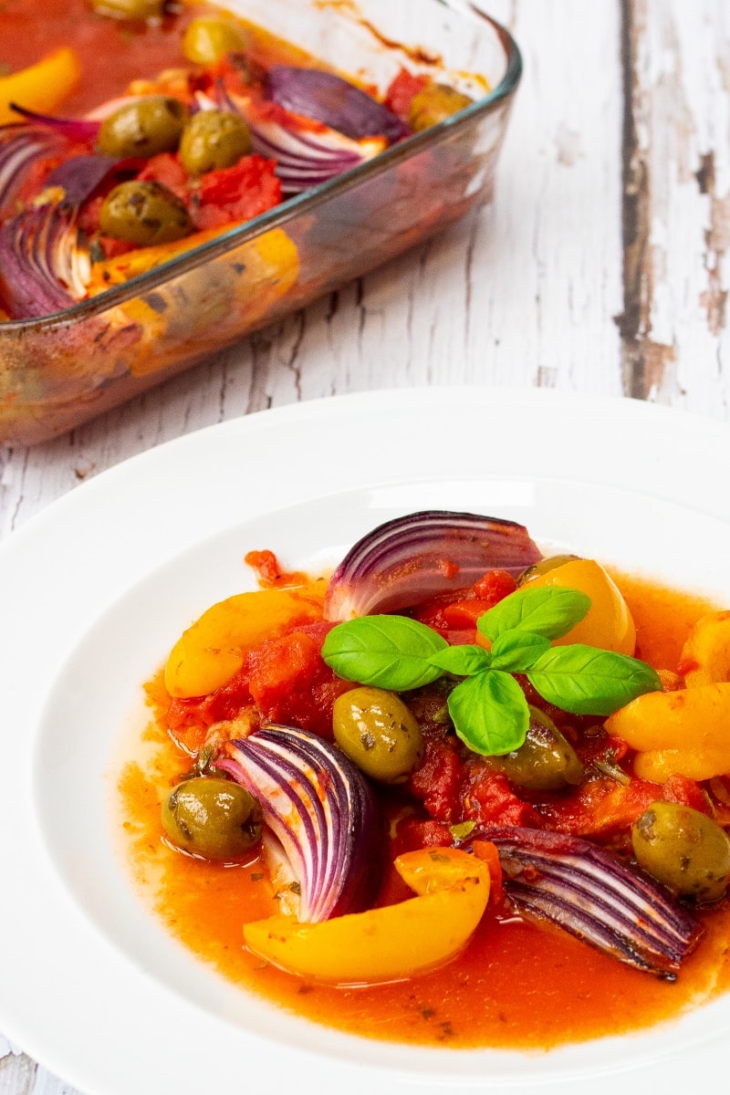 Mediterranean turkey bake on a plate and the serving dish