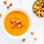 Carrot and ginger soup with marmite croutons