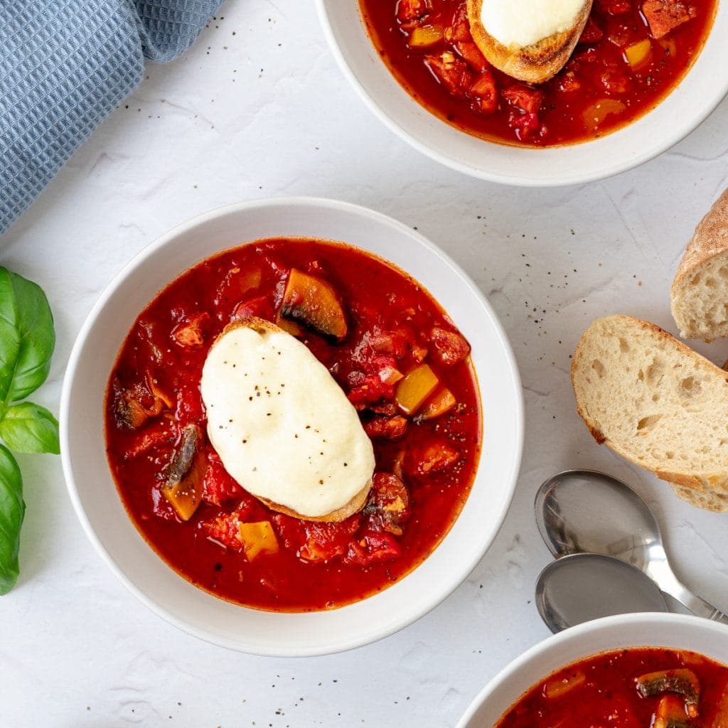 pizza soup in bowls