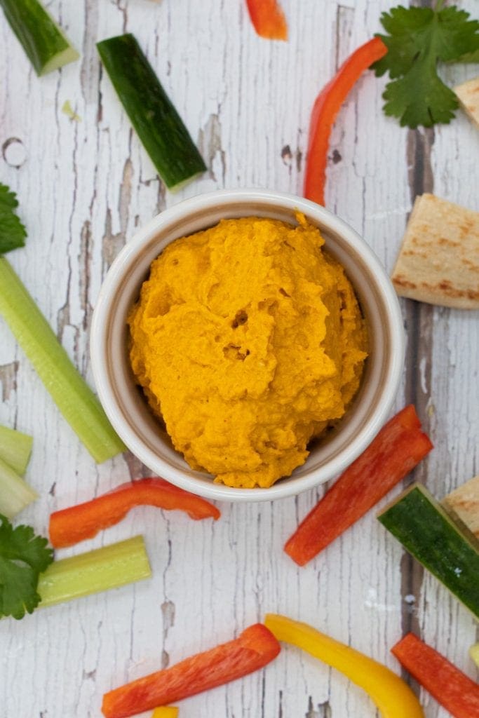Roasted Carrot Dip from above with veggie sticks