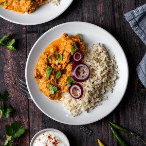 Plate of lamb rogan josh and rice