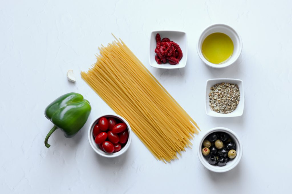 Ingredients for olive and dukkah pasta