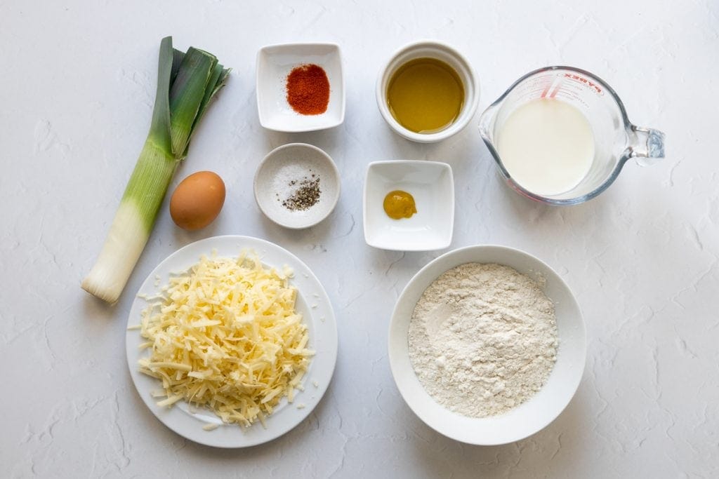Ingredients for cheddar and leek muffins