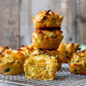 stack of cheddar and leek muffins