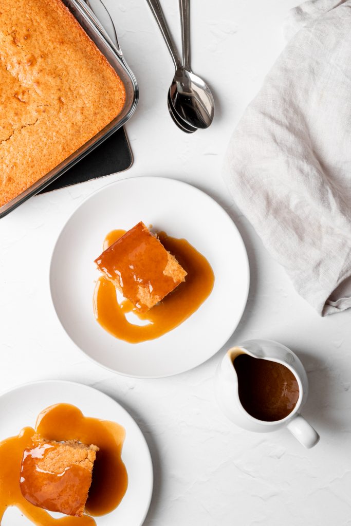 flatlay of sticky toffee pudding without dates and sauce