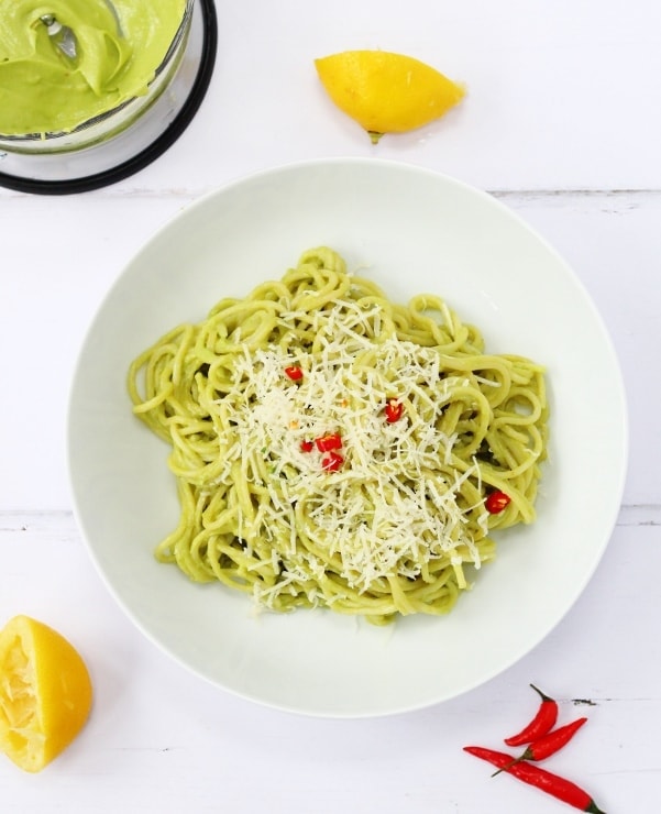 Avocado spaghetti with chilli and lemon juice topped with a little parmesan